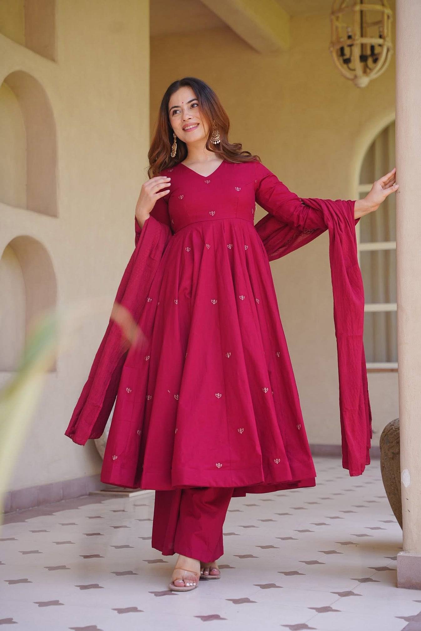 Rich Magenta Maroon Flared Anarkali Suit Set Adorned with Delicate Scattered Floral Embroidery and an Elegant V-Neckline